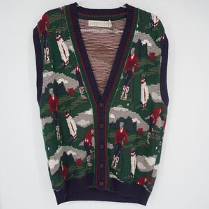 Vintage Crossings Fine Line Mens Golf Sweater Vest Button Front AOP 90s Preppy M